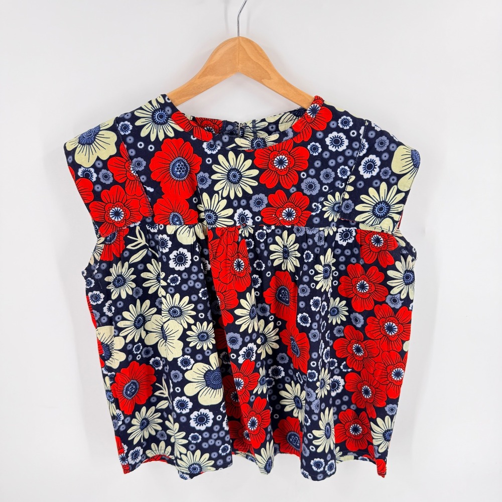 Red Cotton Floral Top Blue Red Size 16 Floral Retro Mod Boxy Sleeveless Babydoll